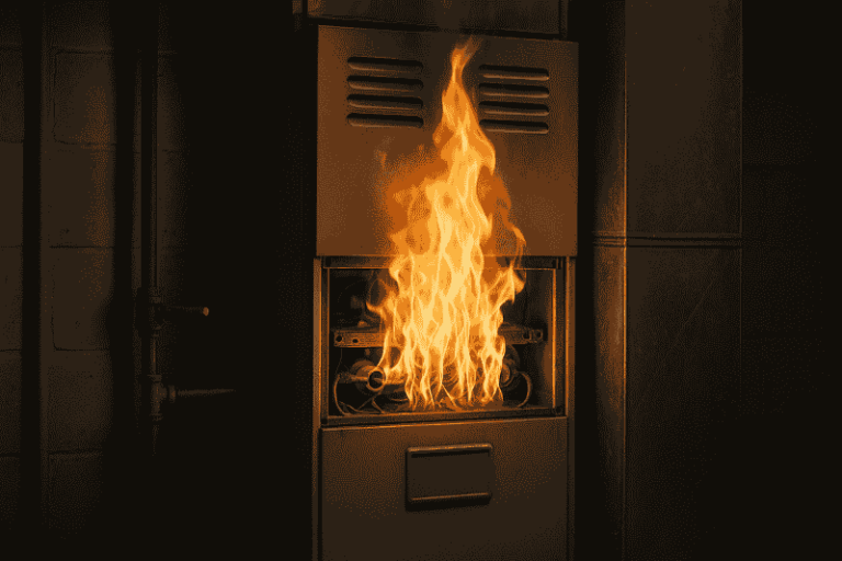 A furnace with visible flames inside during an overheating malfunction.
