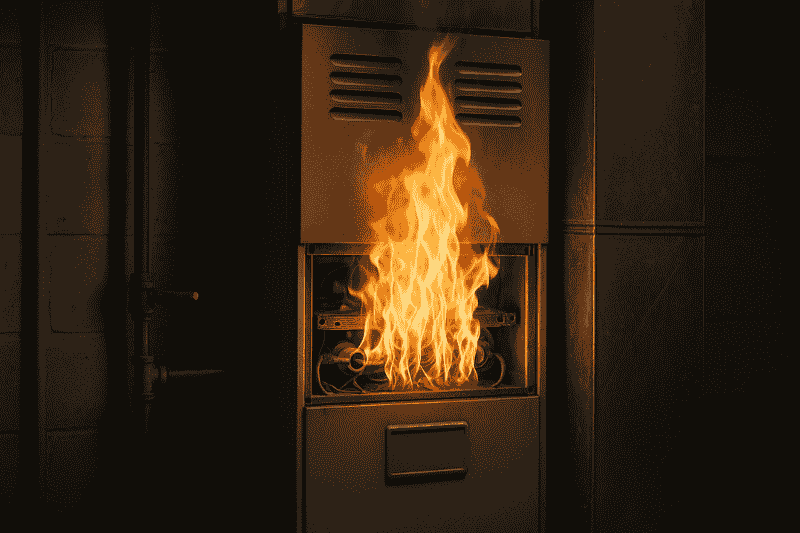 A furnace with visible flames inside during an overheating malfunction.