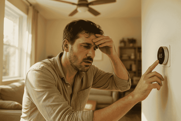 Frustrated homeowner in a warm living room checking the thermostat, representing a common AC issue where the system runs but doesn’t cool.