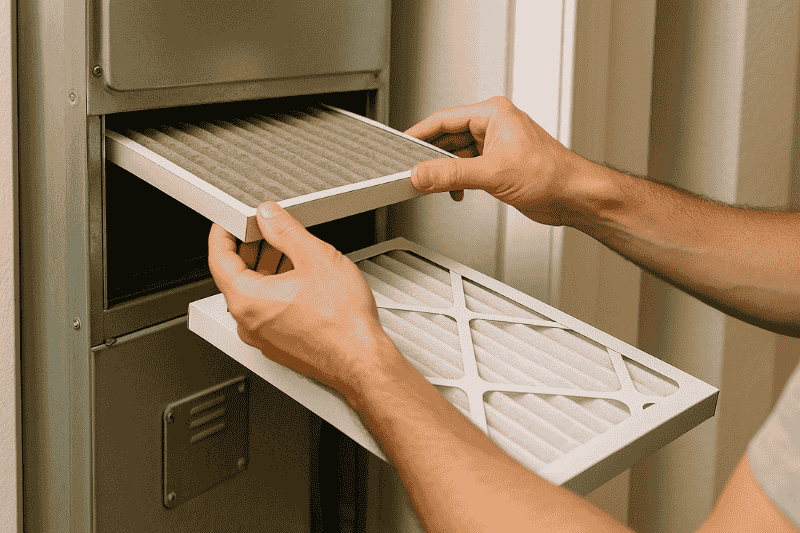Close-up of a person replacing a dirty air filter in a home HVAC system, a simple fix for poor air conditioning performance.