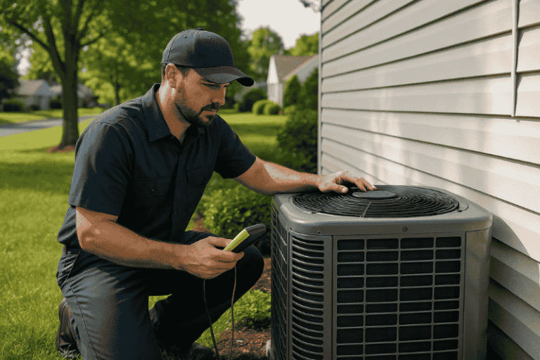 HVAC technician inspecting an outdoor air conditioning unit at a suburban home on a sunny summer day.