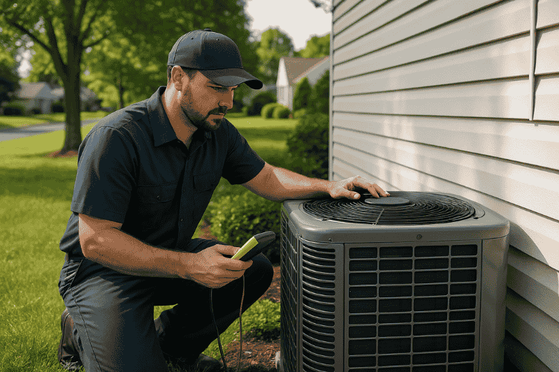 HVAC technician inspecting an outdoor air conditioning unit at a suburban home on a sunny summer day.