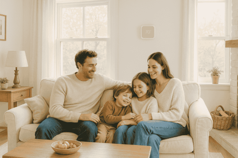 Family relaxing in warm fall living room, HVAC Maintenance Plan benefits