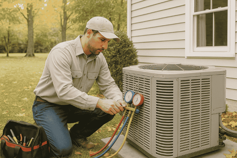 Technician servicing AC unit, HVAC Maintenance Plan