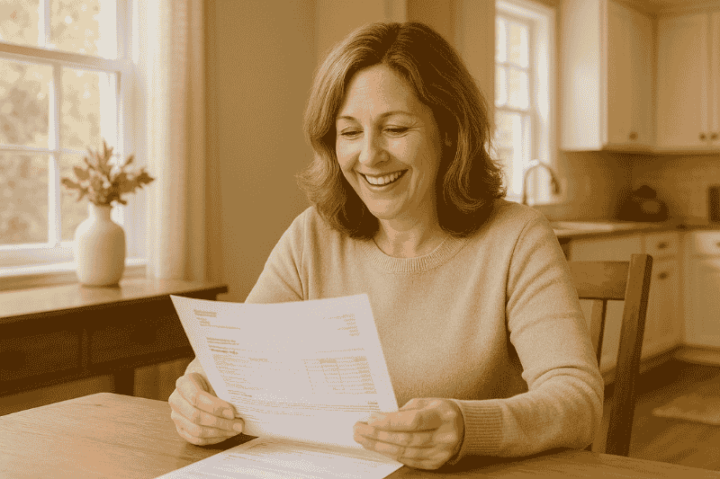 Happy homeowner with energy bill, HVAC maintenance plans