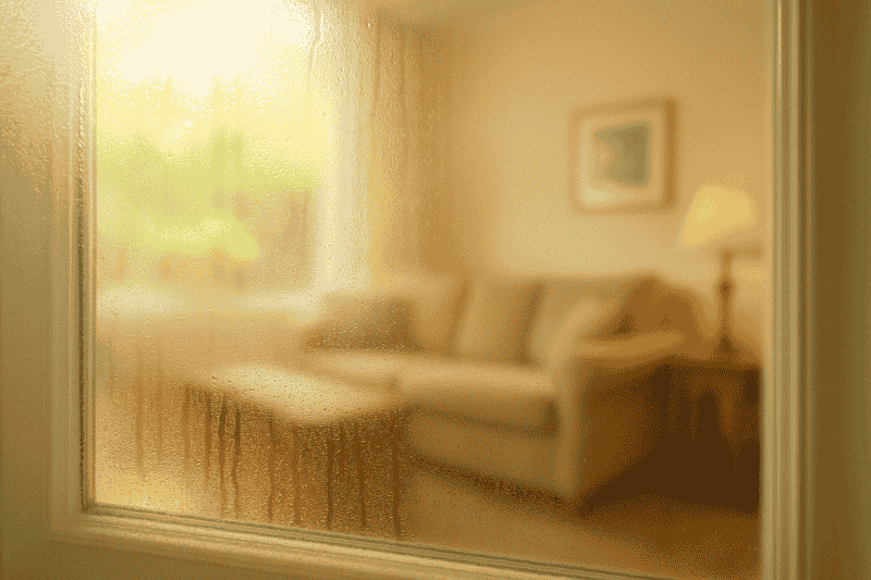 Condensation forming on a living room window during a humid day in Bucks County.