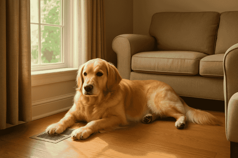 Pet cooling off by AC vent in Newtown, PA home.