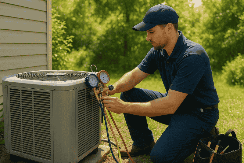 HVAC technician servicing an outdoor AC unit in a Newtown, PA backyard.