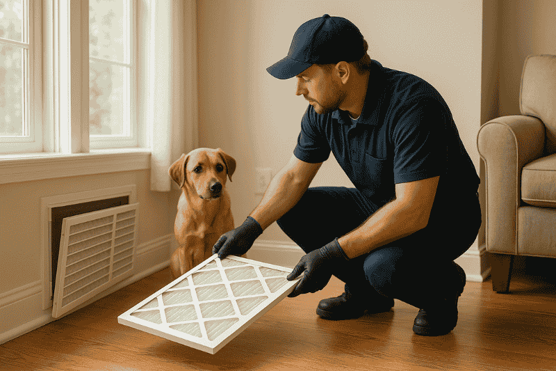 Service First HVAC technician changing air filter for pet owner in Bucks County.
