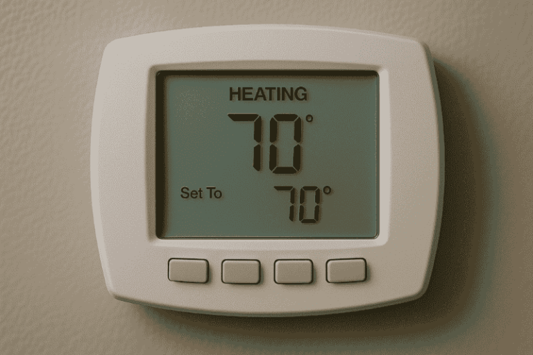 Thermostat set to heat in a Newtown home.