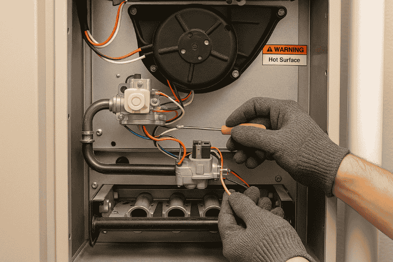 Close-up of a technician’s gloved hands repairing a furnace component, representing common repair services for Bucks County homeowners.