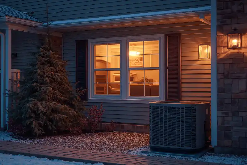 Modern outdoor heat pump system installed beside a suburban home on a cold evening.