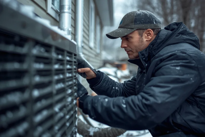 HVAC technician inspecting a heat pump during winter installation at a residential home.