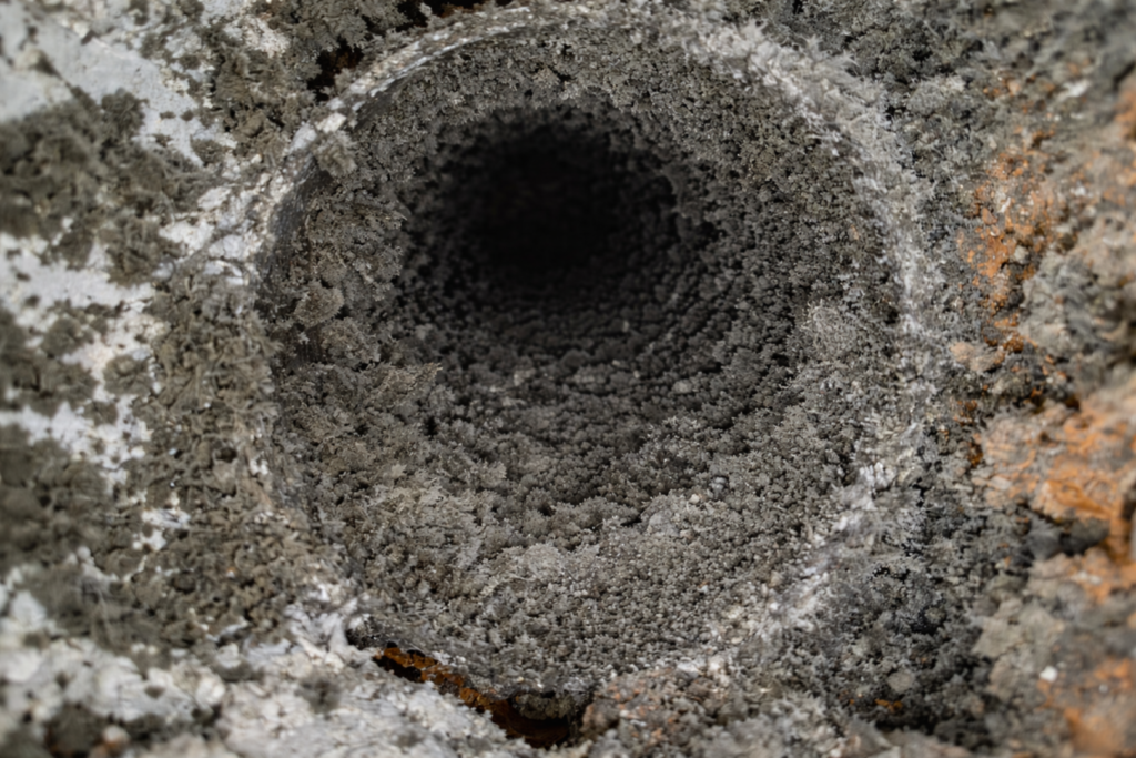 Camera view of heavy dust buildup inside residential air duct during inspection