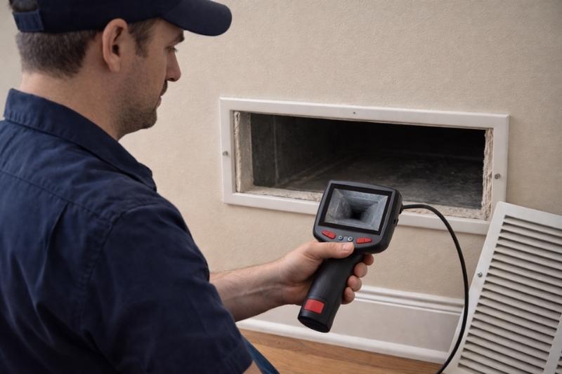 HVAC technician using a camera inspection tool to inspect air ducts
