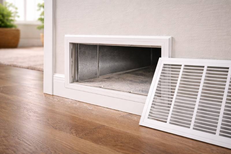 A duct inspection reveals drywall dust inside a residential return vent after renovation