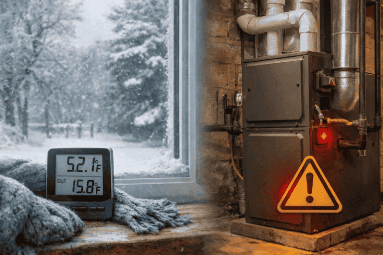Digital thermometer reading low indoor temperatures beside a snow-covered window next to a furnace showing a warning light, illustrating how cold weather can cause a furnace shutdown in Bucks County homes.