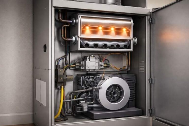 Cutaway view of a residential gas furnace showing interrupted airflow patterns, illustrating how furnace short cycling occurs inside the system.