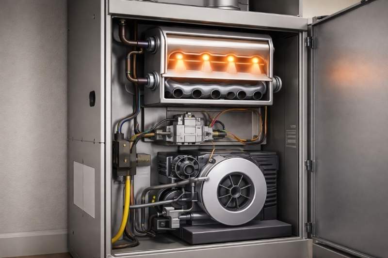 Cutaway view of a residential gas furnace showing interrupted airflow patterns, illustrating how furnace short cycling occurs inside the system.
