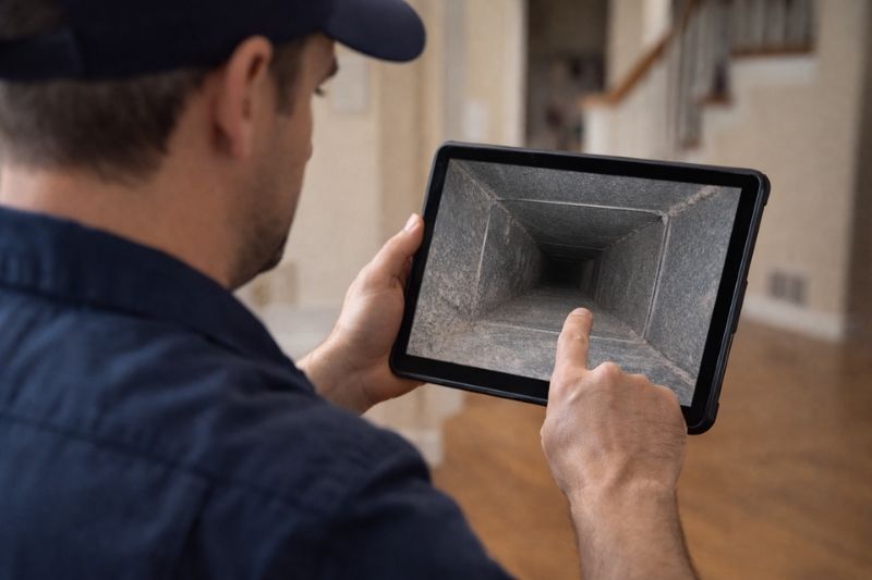 HVAC technician reviewing air duct camera inspection results