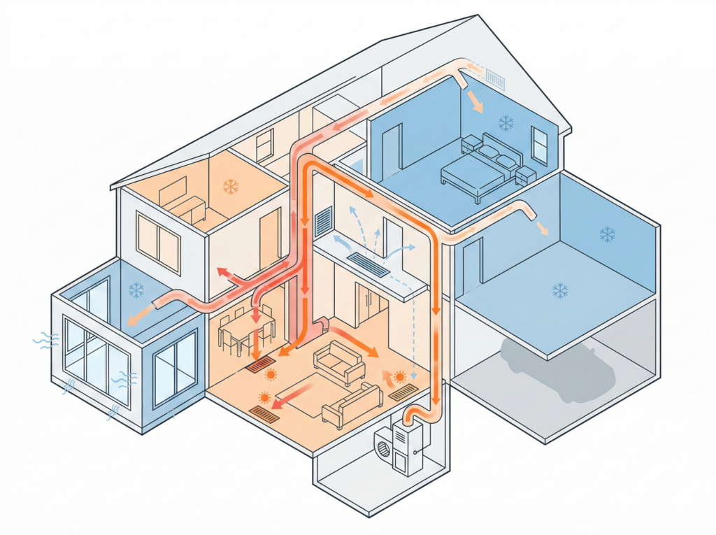 Cutaway diagram of a two-story home showing ductwork, return vents, and cold zones like upstairs and over-garage rooms causing uneven heat.