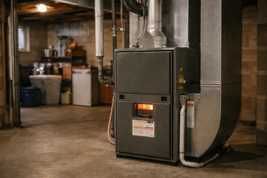Gas furnace running in a residential basement with a visible burner glow during winter.