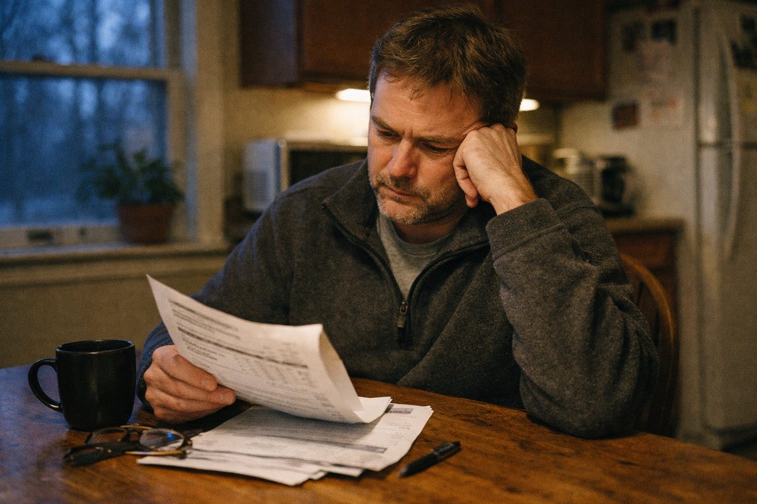 Homeowner sitting at a kitchen table reviewing a winter heating bill during the evening.