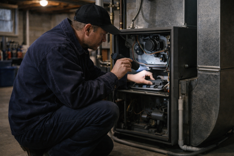 HVAC technician performing routine furnace inspection in residential basement to prevent issues caused by skipping HVAC maintenance