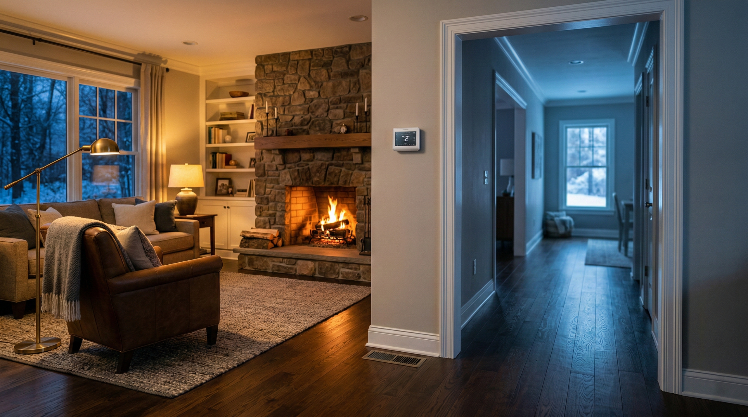 Warm living room next to a colder room in a home during winter, showing uneven heating and airflow imbalance.