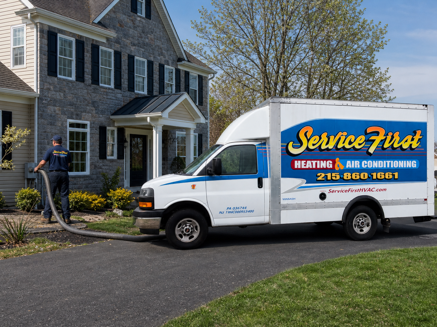 Service First HVAC technician cleaning air ducts at a Bucks County home using professional equipment