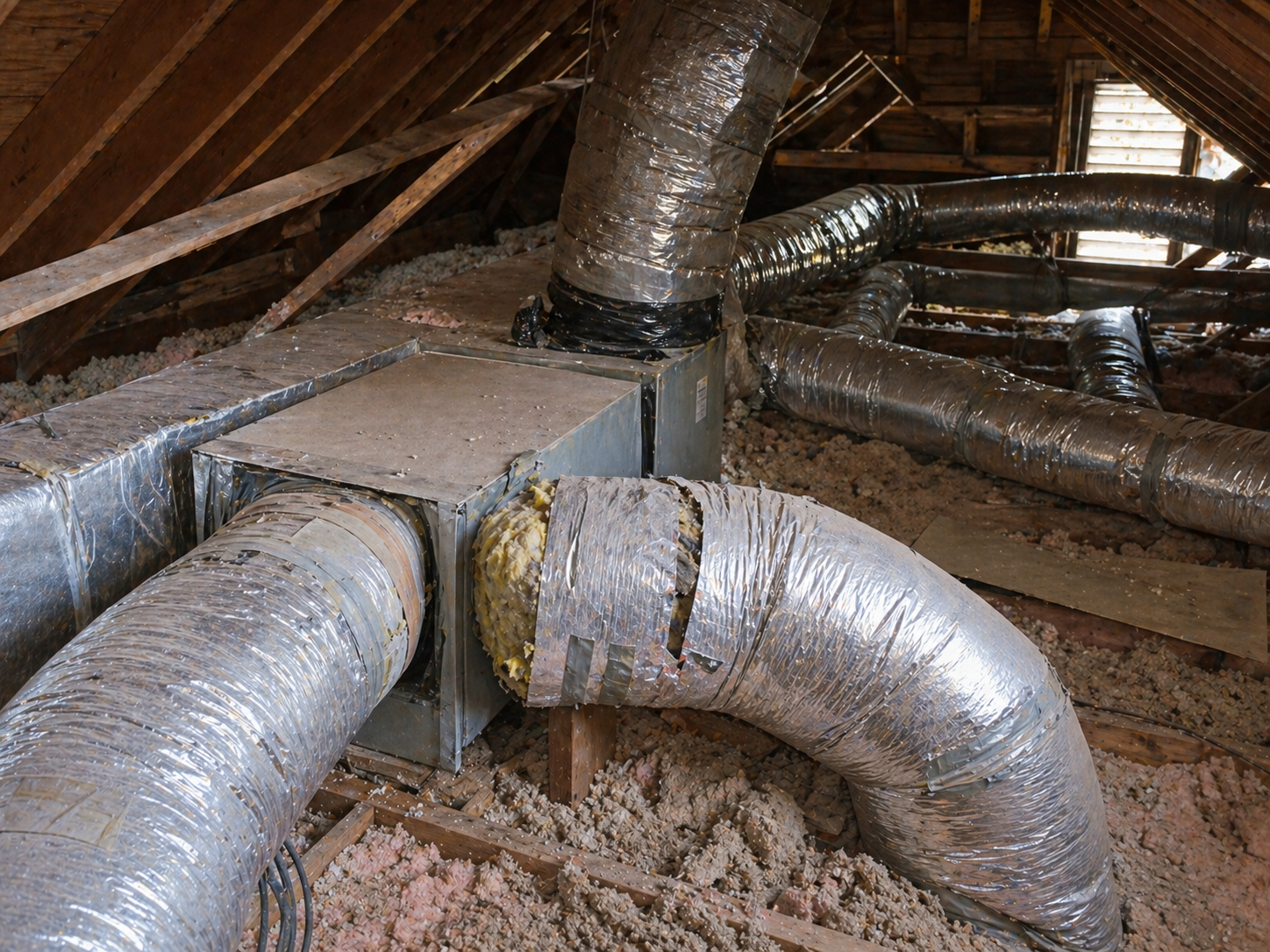 Attic ductwork with loose connections and insulation issues affecting airflow in a Bucks County home