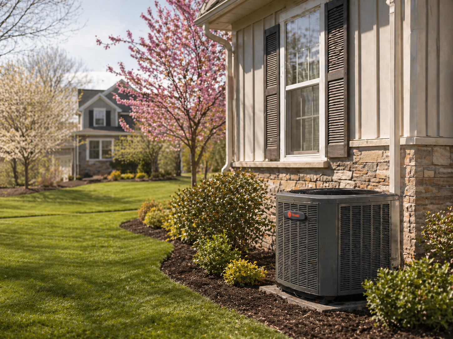 Spring HVAC maintenance at a Bucks County home with outdoor AC unit and clean landscaping