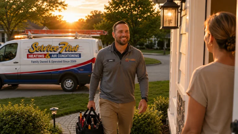 Service First HVAC technician arriving at a Bucks County home for 24-hour emergency HVAC service