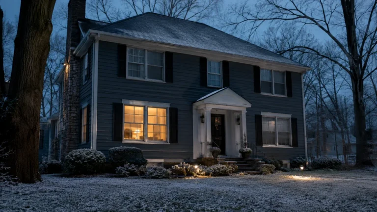 Two-story Bucks County colonial home at dusk in winter with warm light glowing from downstairs windows and darker upstairs rooms — illustrating uneven heat