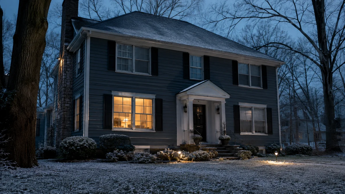Two-story Bucks County colonial home at dusk in winter with warm light glowing from downstairs windows and darker upstairs rooms — illustrating uneven heat