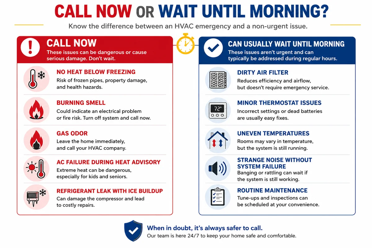 Infographic comparing HVAC emergencies that need a 24-hour call to Service First versus issues that can wait until morning