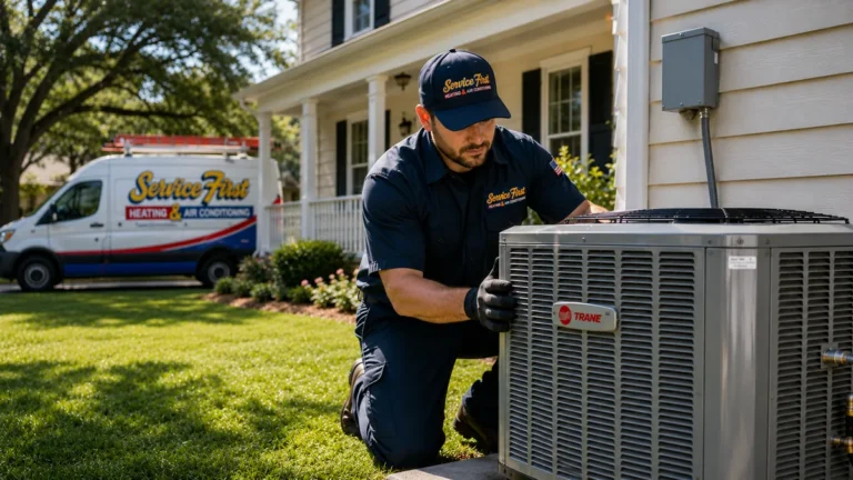 Service First HVAC technician in branded uniform installing a Trane outdoor central air conditioning condenser at a Bucks County, PA home