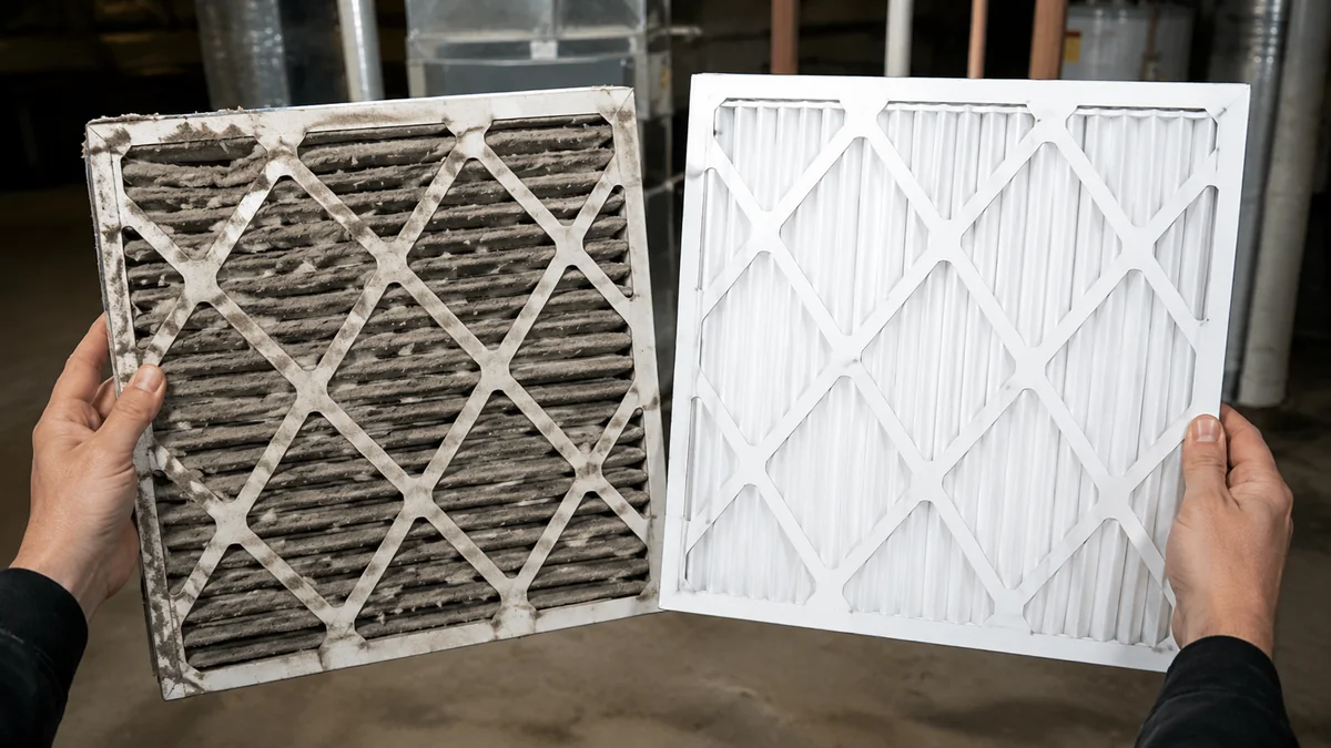 Dirty grey HVAC air filter held next to a brand-new clean white pleated filter — the most common cause of furnace short cycling and uneven heat