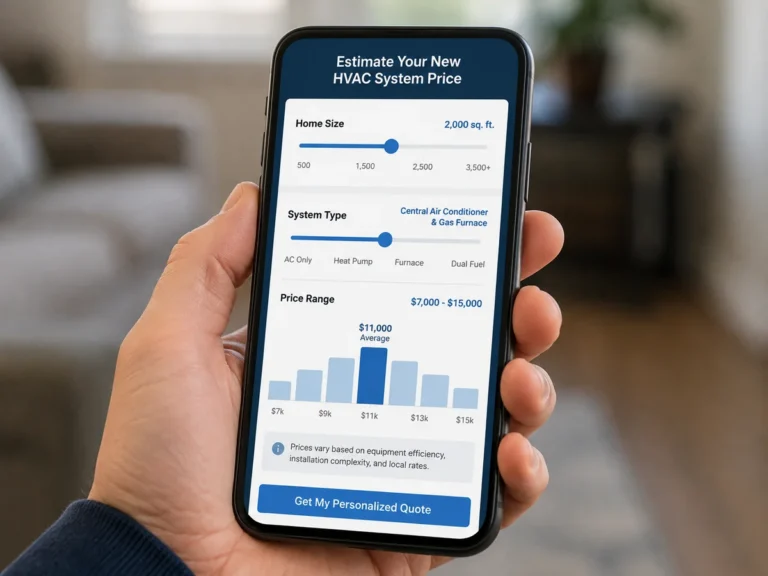 Smartphone displaying the Service First Instant HVAC Pricing Tool with a $7,000 to $15,000 estimate range based on home size and system type