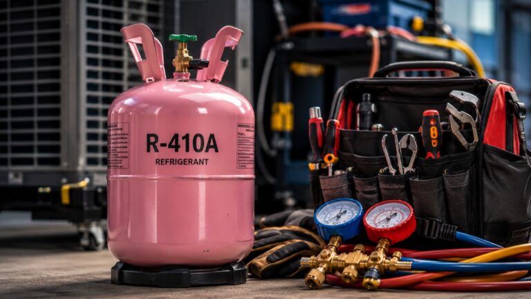 Pink R-410A refrigerant tank with HVAC manifold gauges and service tools in front of an air conditioning condenser unit