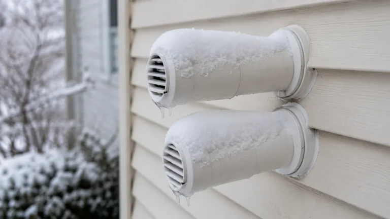 Two high-efficiency furnace PVC intake and exhaust pipes coming out of a Bucks County home in winter, partially blocked by snow and icicles — a common cause of short cycling