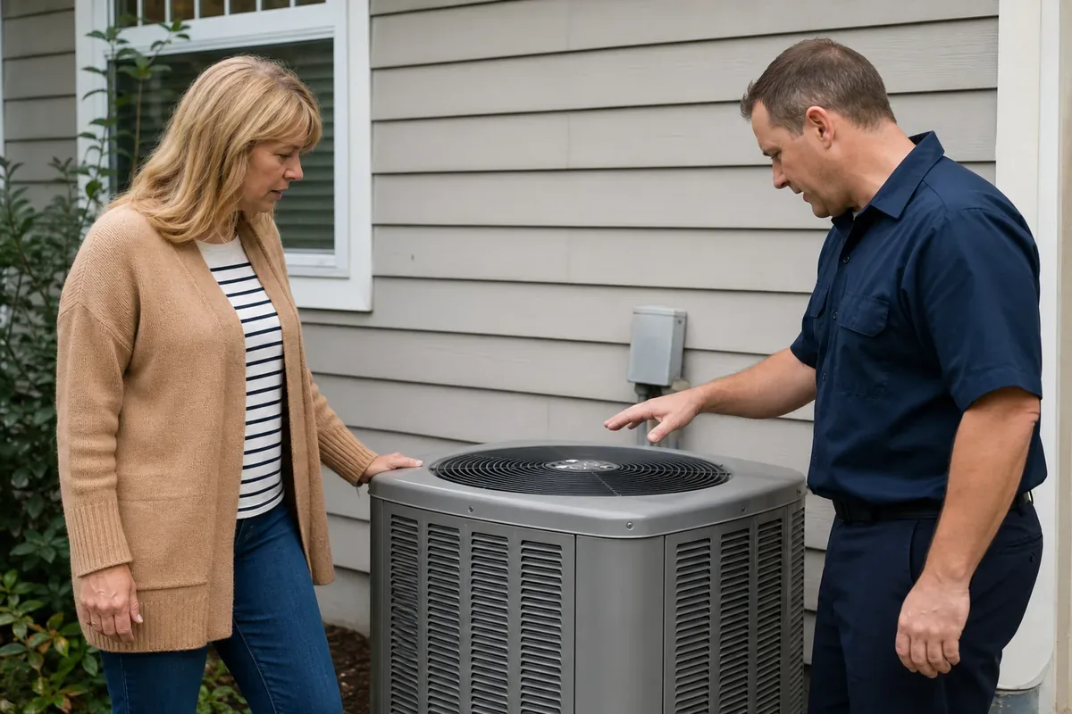 Homeowner and HVAC technician inspecting a central air conditioner before replacement
