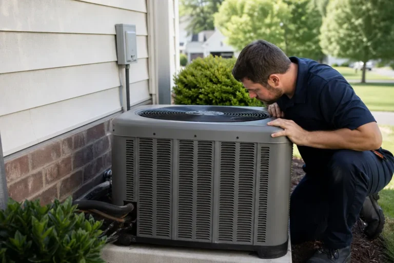 Service First HVAC technician performing AC maintenance on an outdoor air conditioning unit at a Doylestown home.