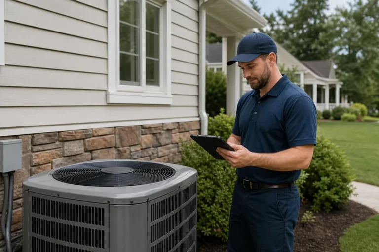HVAC technician reviewing AC installation cost near a residential air conditioning unit in Bucks County PA