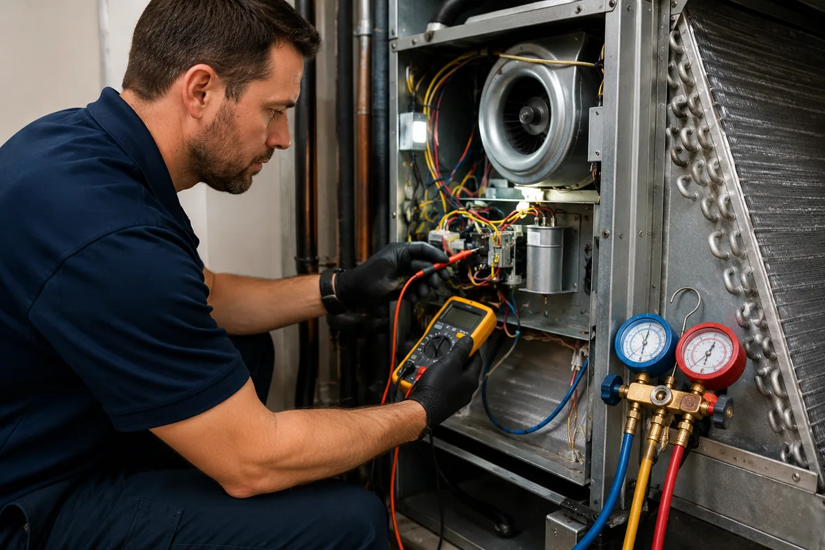 HVAC technician using a multimeter to test electrical components during an AC repair diagnostic in Bucks County, PA