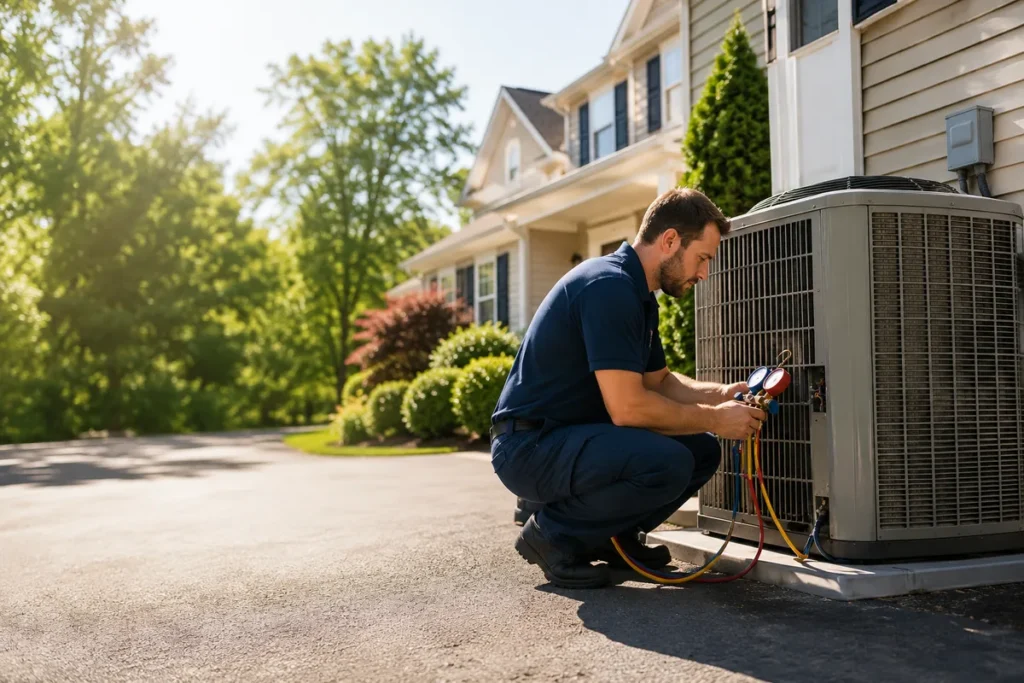 HVAC technician checking refrigerant pressure on an outdoor AC condenser during an AC repair visit in Newtown, PA