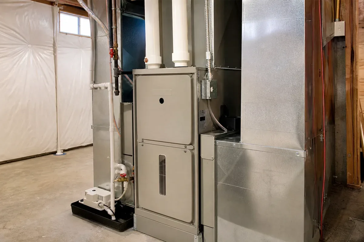 high-efficiency furnace in a Bucks County home utility room, Service First HVAC